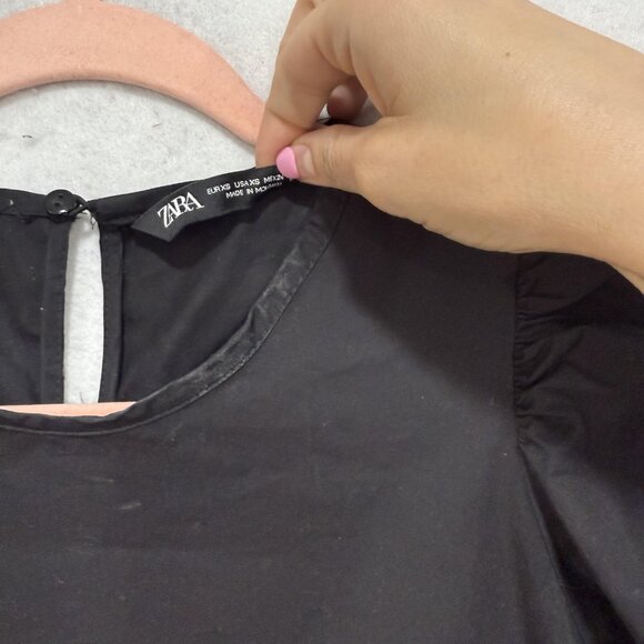 ZARA Dress Womens Extra Small Black Puff Sleeve Tiered Maxi Cotton High Low - Picture 7 of 11